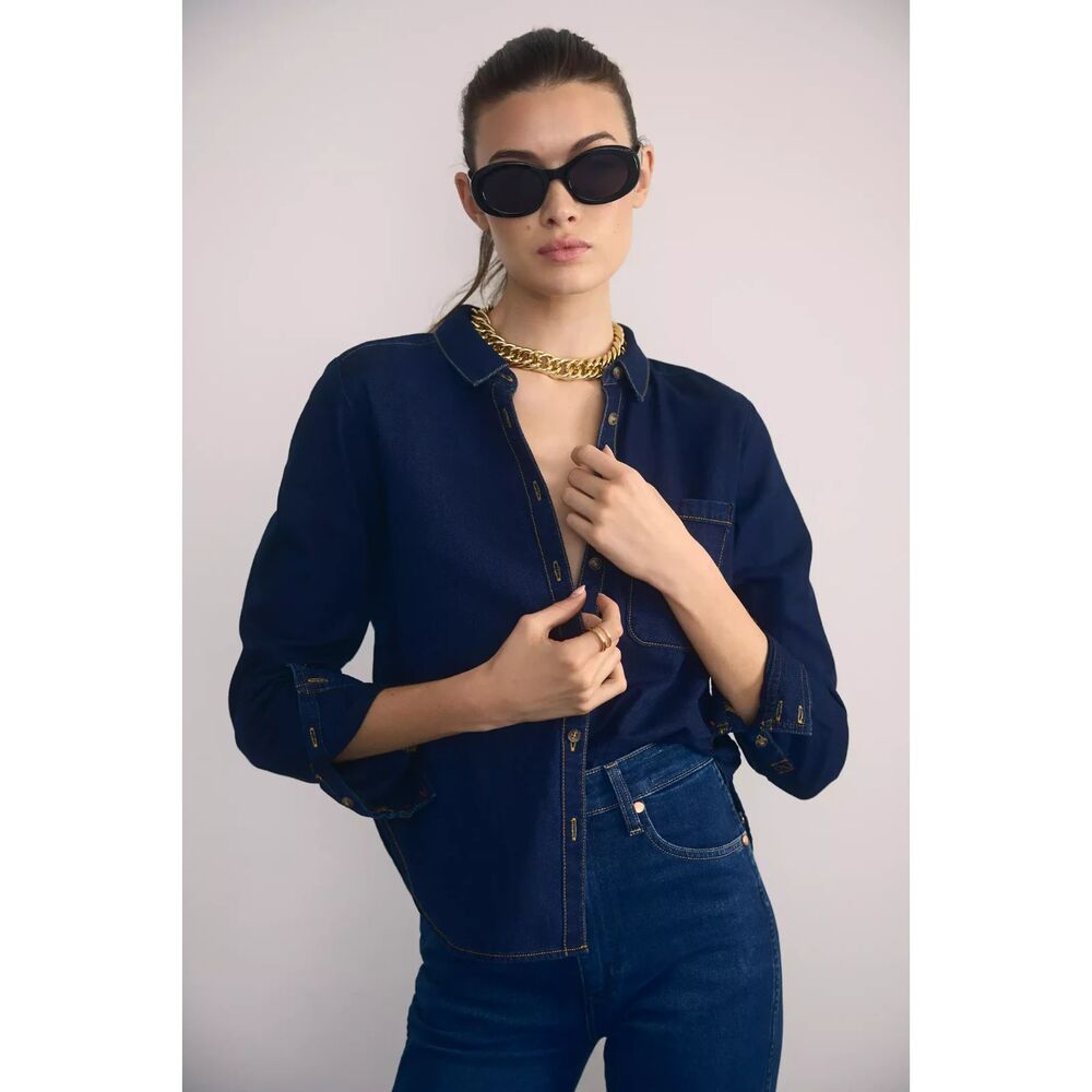 Anthropologie Womens Shrunken Denim Shirt Sz XXS Casual Basic Boho Western Rodeo